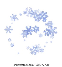 Snowflakes falling on white winter vector background. Snow flakes macro illustration, water freezing parts, snow elements, flakes confetti chaotic scatter. Cold weather symbols on white background.