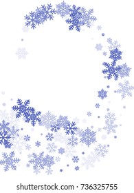 Snowflakes falling on white winter vector background. Snow flakes macro illustration, water freezing parts, snow elements, flakes confetti chaotic scatter. Cold weather symbols on white background.