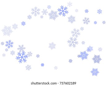 Snowflakes falling on white winter vector background. Snow flakes macro illustration, water freezing parts, snow elements, flakes confetti chaotic scatter. Cold weather symbols on white background.