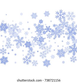 Snowflakes falling on white winter vector background. Snow flakes macro illustration, water freezing parts, snow elements, flakes confetti chaotic scatter. Cold weather symbols on white background.