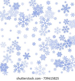 Snowflakes falling on white winter vector background. Snow flakes macro illustration, water freezing parts, snow elements, flakes confetti chaotic scatter. Cold weather symbols on white background.