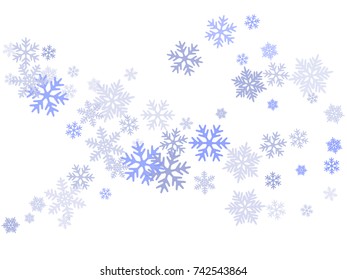 Snowflakes falling on white winter vector background. Snow flakes macro illustration, water freezing parts, snow elements, flakes confetti chaotic scatter. Cold weather symbols on white background.
