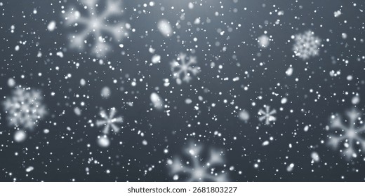 Copos De Nieve Y Nieve Caída Sobre Fondo Oscuro Para Invierno, Navidades Y Diseños De Temporada De Festiva, Fondo Atmosférico Helado Perfecto Para Tarjetas De Felicitación Y Arte Digital, Ilustración vectorial.