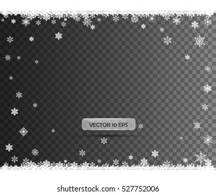 Snowflakes and falling snow on a transparent background. Vector illustration 10 EPS. Abstract snowflake background overlay. 