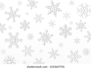 Snowflakes falling with white grey background,illustration. Snowflake paper cut style vector background. Winter season and Christmas concept.
