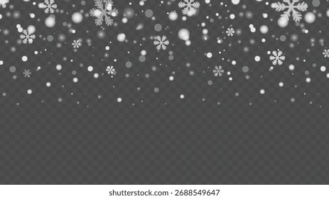 Snowflakes falling winter background design. Realistic cold snow texture effect. Snowfall, particles, freeze effect.