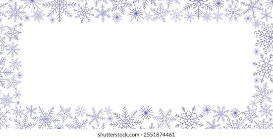 Snowflakes festive Christmas rectangular frame simple hand drawn vector illustration, New Year winter holiday celebration decor, template perfect for invitation, card, poster, banner design