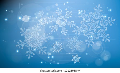 Copos de nieve y luces festivas - fondo vectorial con bellos copos de nieve que brillan alegremente y brillan en el espacio de color