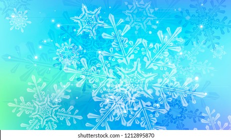 Schneeflocken und festliche Lichter - Vektorhintergrund mit schönen Schneeflocken, die im Farbraum glänzen und schimmern