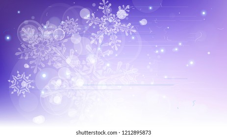 Copos de nieve y luces festivas - fondo vectorial con bellos copos de nieve que brillan alegremente y brillan en el espacio de color