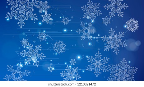 Copos de nieve y luces festivas - fondo vectorial con bellos copos de nieve que brillan alegremente y brillan en el espacio de color