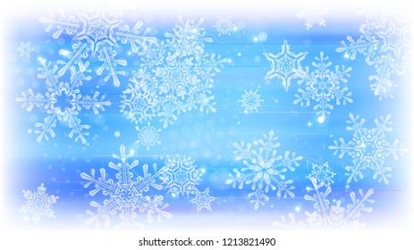 Copos de nieve y luces festivas - fondo vectorial con bellos copos de nieve que brillan alegremente y brillan en el espacio de color