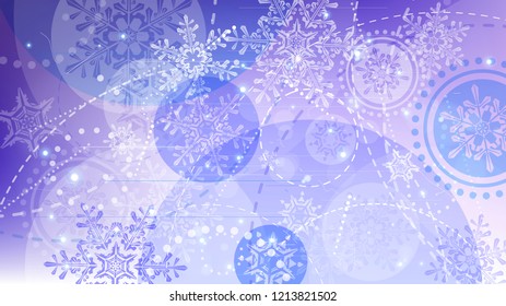 Copos de nieve y luces festivas - fondo vectorial con bellos copos de nieve que brillan alegremente y brillan en el espacio de color