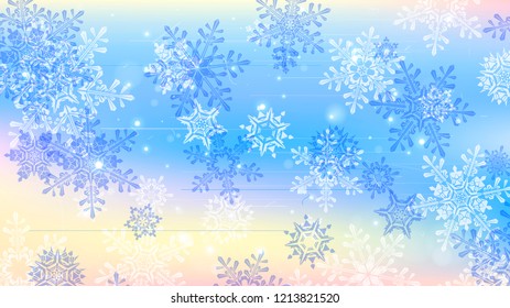 Copos de nieve y luces festivas - fondo vectorial con bellos copos de nieve que brillan alegremente y brillan en el espacio de color