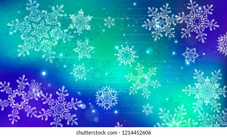 Snowflakes and festive lights - vector background with beautiful snowflakes that merrily shine and shimmer in color space
