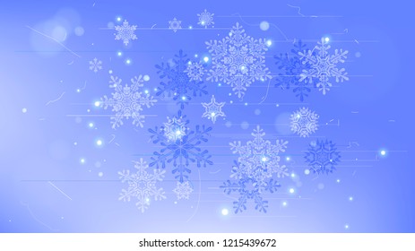 Copos de nieve y luces festivas - fondo vectorial con bellos copos de nieve que brillan alegremente y brillan en el espacio de color