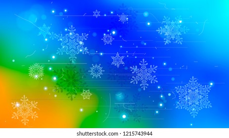 Copos de nieve y luces festivas - fondo vectorial con bellos copos de nieve que brillan alegremente y brillan en el espacio de color