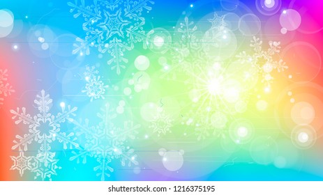 Copos de nieve y luces festivas - fondo vectorial con bellos copos de nieve que brillan alegremente y brillan en el espacio de color