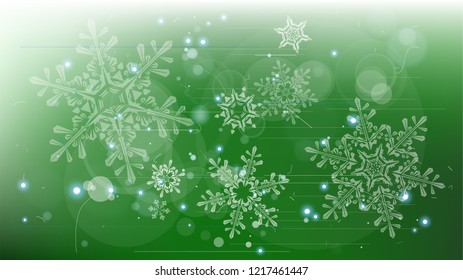 Copos de nieve y luces festivas - fondo vectorial con bellos copos de nieve que brillan alegremente y brillan en el espacio de color