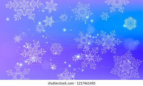 Copos de nieve y luces festivas - fondo vectorial con bellos copos de nieve que brillan alegremente y brillan en el espacio de color