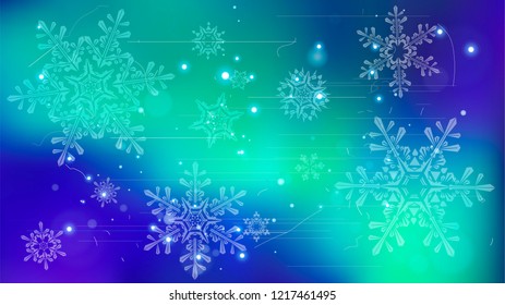 Copos de nieve y luces festivas - fondo vectorial con bellos copos de nieve que brillan alegremente y brillan en el espacio de color
