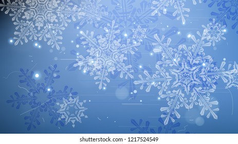 Copos de nieve y luces festivas - fondo vectorial con bellos copos de nieve que brillan alegremente y brillan en el espacio de color