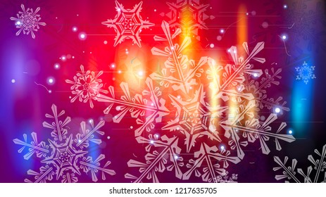 Copos de nieve y luces festivas - fondo vectorial con bellos copos de nieve que brillan alegremente y brillan en el espacio de color