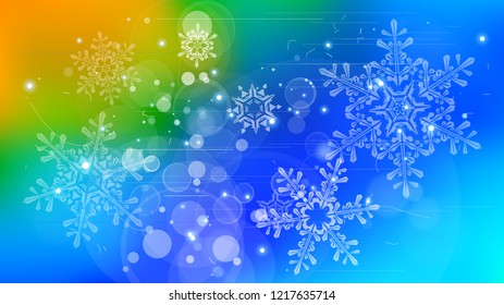 Copos de nieve y luces festivas - fondo vectorial con bellos copos de nieve que brillan alegremente y brillan en el espacio de color