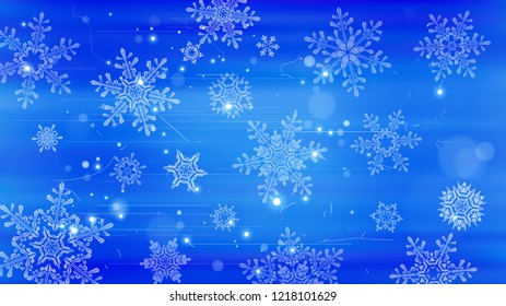 Copos de nieve y luces festivas - fondo vectorial con bellos copos de nieve que brillan alegremente y brillan en el espacio de color