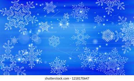 Copos de nieve y luces festivas - fondo vectorial con bellos copos de nieve que brillan alegremente y brillan en el espacio de color