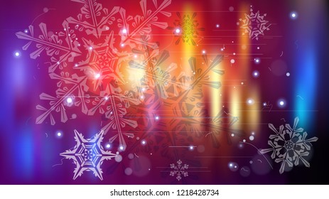 Copos de nieve y luces festivas - fondo vectorial con bellos copos de nieve que brillan alegremente y brillan en el espacio de color