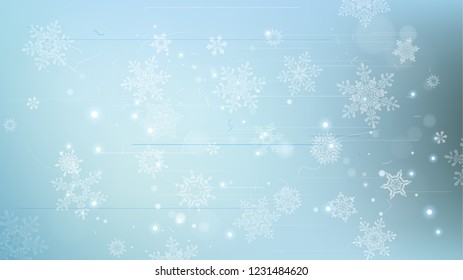 Copos de nieve y luces festivas - fondo vectorial con bellos copos de nieve que brillan alegremente y brillan en el espacio de color