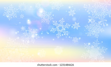 Copos de nieve y luces festivas - fondo vectorial con bellos copos de nieve que brillan alegremente y brillan en el espacio de color