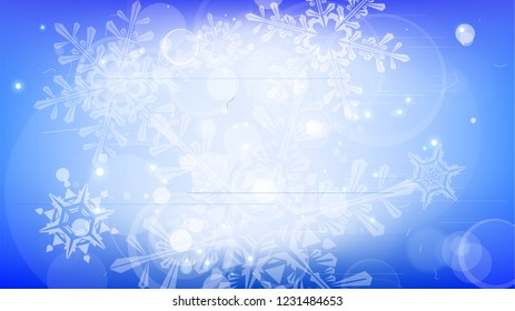 Copos de nieve y luces festivas - fondo vectorial con bellos copos de nieve que brillan alegremente y brillan en el espacio de color