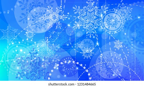 Copos de nieve y luces festivas - fondo vectorial con bellos copos de nieve que brillan alegremente y brillan en el espacio de color