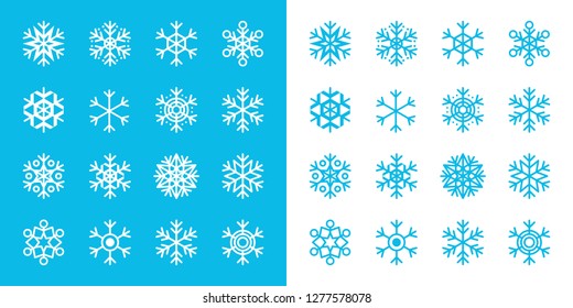 Snowflakes flat isolated icons set on blue and white background. New year and Christmas snowflakes silhouette