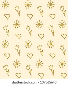 Snowflakes and floral vector background with hearts, abstract seamless pattern