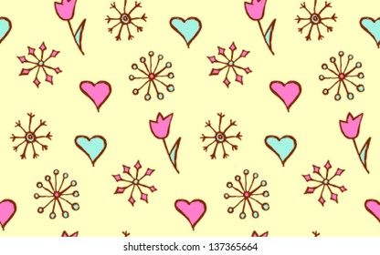 Snowflakes and floral vector background with hearts, abstract seamless pattern
