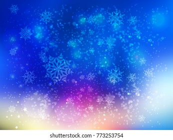 snowflakes are flown on a background of brightly blue sky with a pink sunset