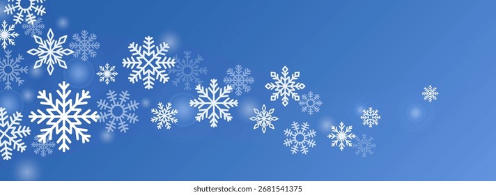 Snowflakes flying pattern, winter holiday background. Cold seasonal horizontal banner with snow flake crystals, snowy ornament in air, wind. Festive frost decoration. Flat vector illustration