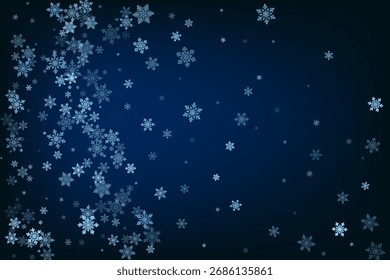 Snowflakes flying. Snow abstract vector illustration. Blue small snowflakes confetti particles over blue background. Vector holiday design.