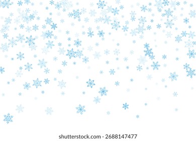 Snowflakes flying. Snow abstract vector illustration. Blue small snowflakes confetti particles over white background. Vector holiday design.