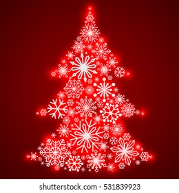 Snowflakes in the form of a Christmas tree. Winter themes. Snowflakes of different sizes and shapes. New Year and Christmas. Vector illustration.