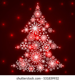 Snowflakes in the form of a Christmas tree. Winter themes. Snowflakes of different sizes and shapes. New Year and Christmas. Vector illustration.