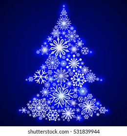 Snowflakes in the form of a Christmas tree. Winter themes. Snowflakes of different sizes and shapes. New Year and Christmas. Vector illustration.