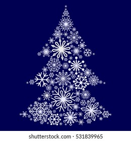 Snowflakes in the form of a Christmas tree. Winter themes. Snowflakes of different sizes and shapes. New Year and Christmas. Vector illustration.