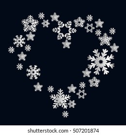 Snowflakes in the form of heart on a blue background. Decoration snowflakes for New Year, Christmas, winter holidays. Vector Illustration