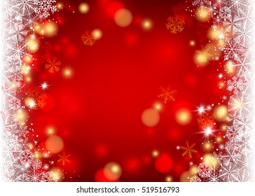 Snowflakes forming borders on red background with lights and space for text.