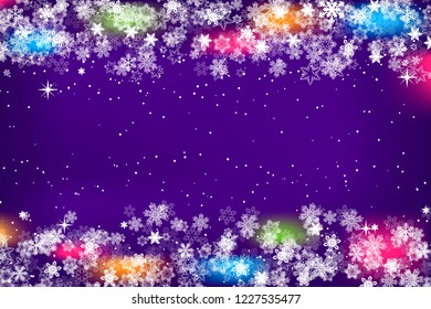 Snowflakes frame with bright background for Christmas and New Year or winter season template for inviation, greeting card, holiday poster, banner, sales, promo. Snow, stars, lights at borders