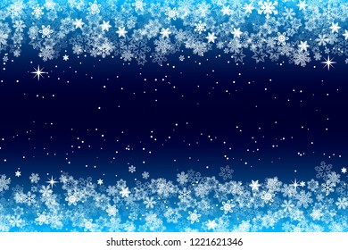 Snowflakes frame with dark blue background for Christmas and New Year or winter season template for inviation, greeting card, holiday poster, banner, sales, discount, promo. Snow, stars at borders